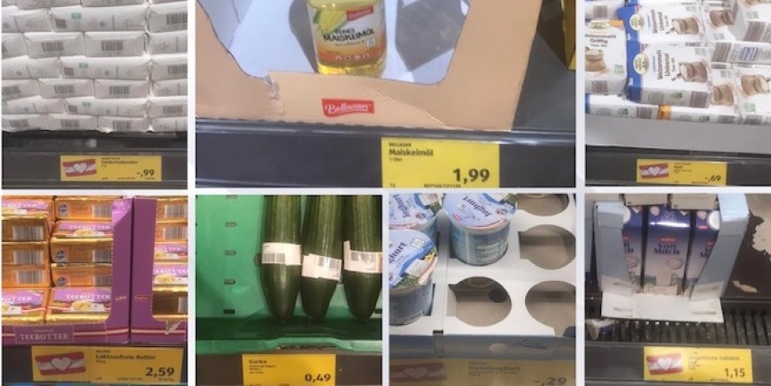 Viyana Hofer’de 1 lt Ayçiçek yağı 1,99 Euro, 1 kg Toz şeker 1 Euro, 1 kg Un 69 Cent, 1 lt Süt 1,15 Euro, 250 gram Tereyağı 2,59 Euro, 1 kg Yoğurt 1,16 Euro