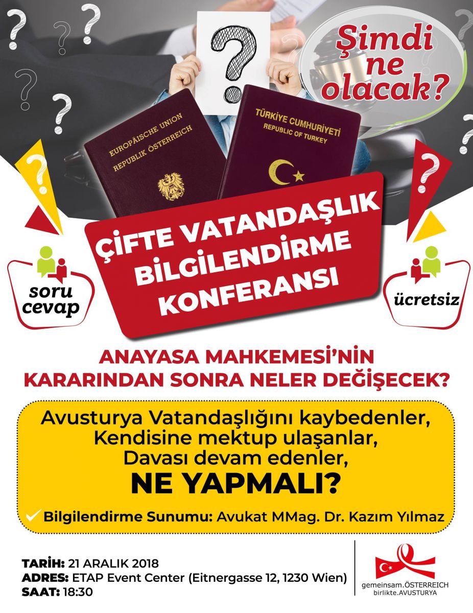 Viyana : Çifte Vatandaşlık Bilgilendirme Konferansı 21 Aralık Cuma