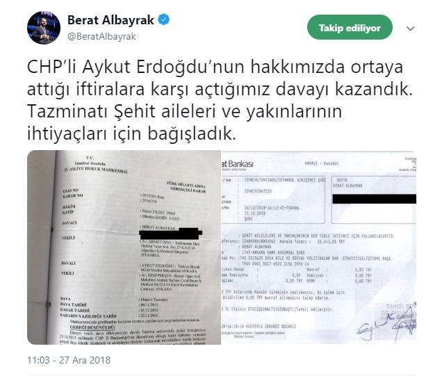 Bakan Albayrak Twitter’dan duyurdu: İftiralara karşı açtığımız davayı kazandık.