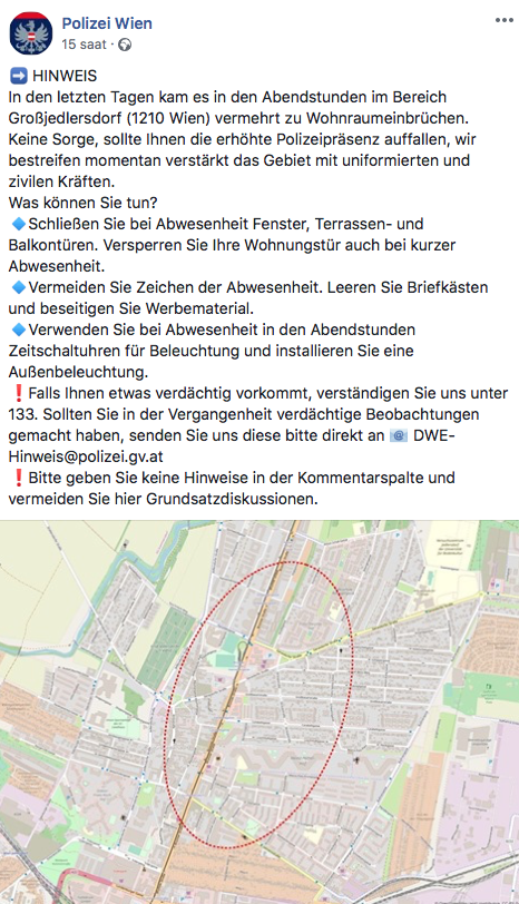 Viyana Polisi 21. Bölgede Oturan Vatandaşları Uyarıyor