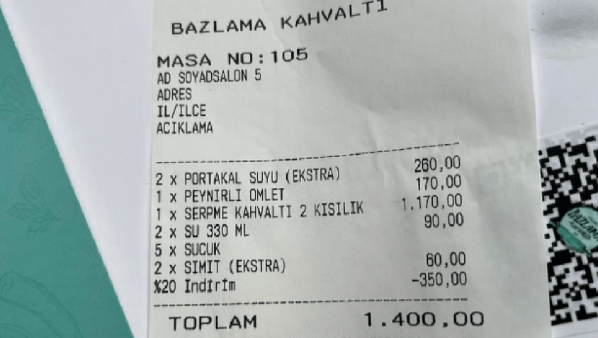 Türkiye’de Bir Restoranda 2 Kişilik %20 İndirimli Bazlamalı Kahvaltı: 1.400 Lira – 36 Euro!