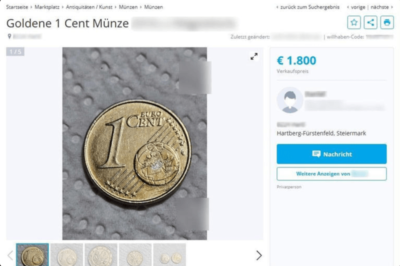 1-Cent-Münze auf Willhaben für 1.800 Euro angeboten: Was steckt dahinter?